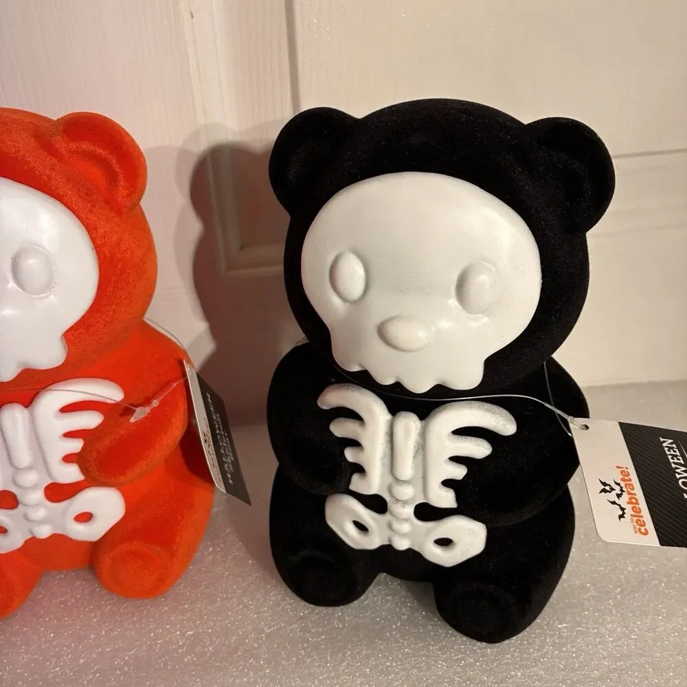 Halloween Skeleton felt Bears, 2 black and 1 orange 7 inches tall. New with Tags